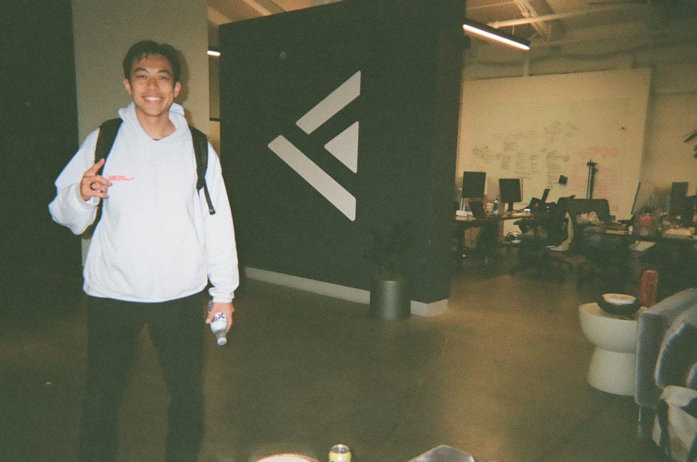 Will smiling in an office, shot on film